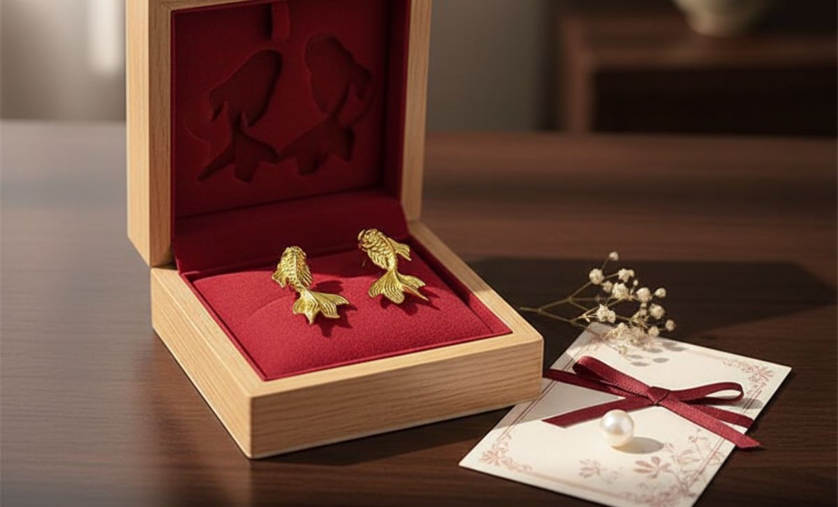 Koi fish earrings in a festive red jewelry box, symbolic Lunar New Year earrings and lucky gold studs for gifting.