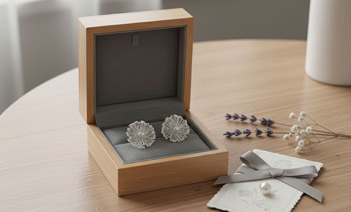 Statement floral earrings with pearl center displayed in wooden jewelry box, ideal for brass jewelry wholesale and boutique gift collections.