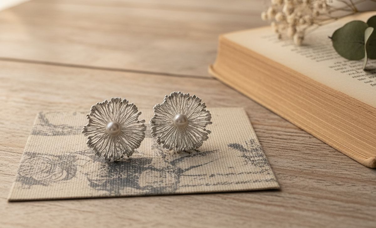 Pair of statement floral earrings with pearl center, featured as 2025 trendy earrings and fashionable jewelry for boutiques.