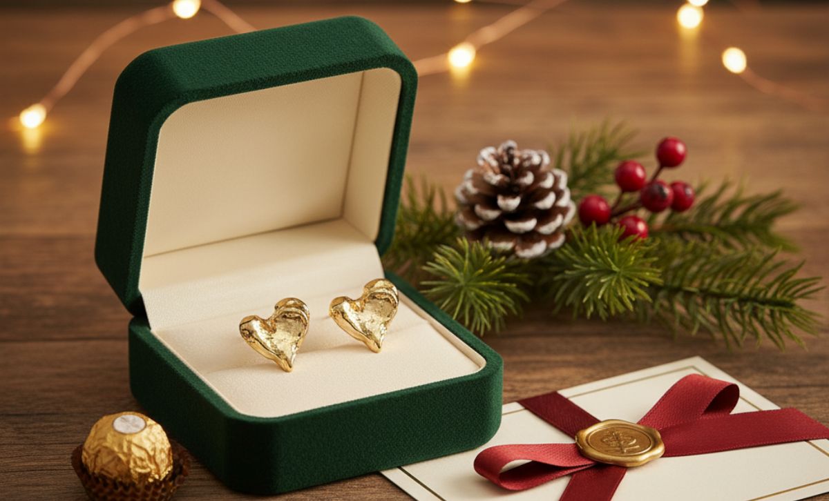 Christmas earrings for women heart stud earrings in 14K gold brass wholesale