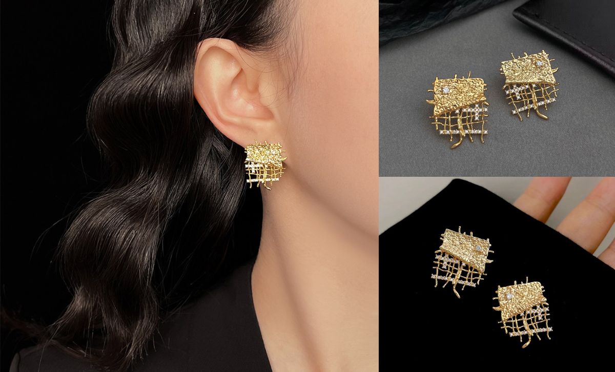 CZ stud earrings in geometric statement design, brass jewelry bulk and wholesale earrings for women.