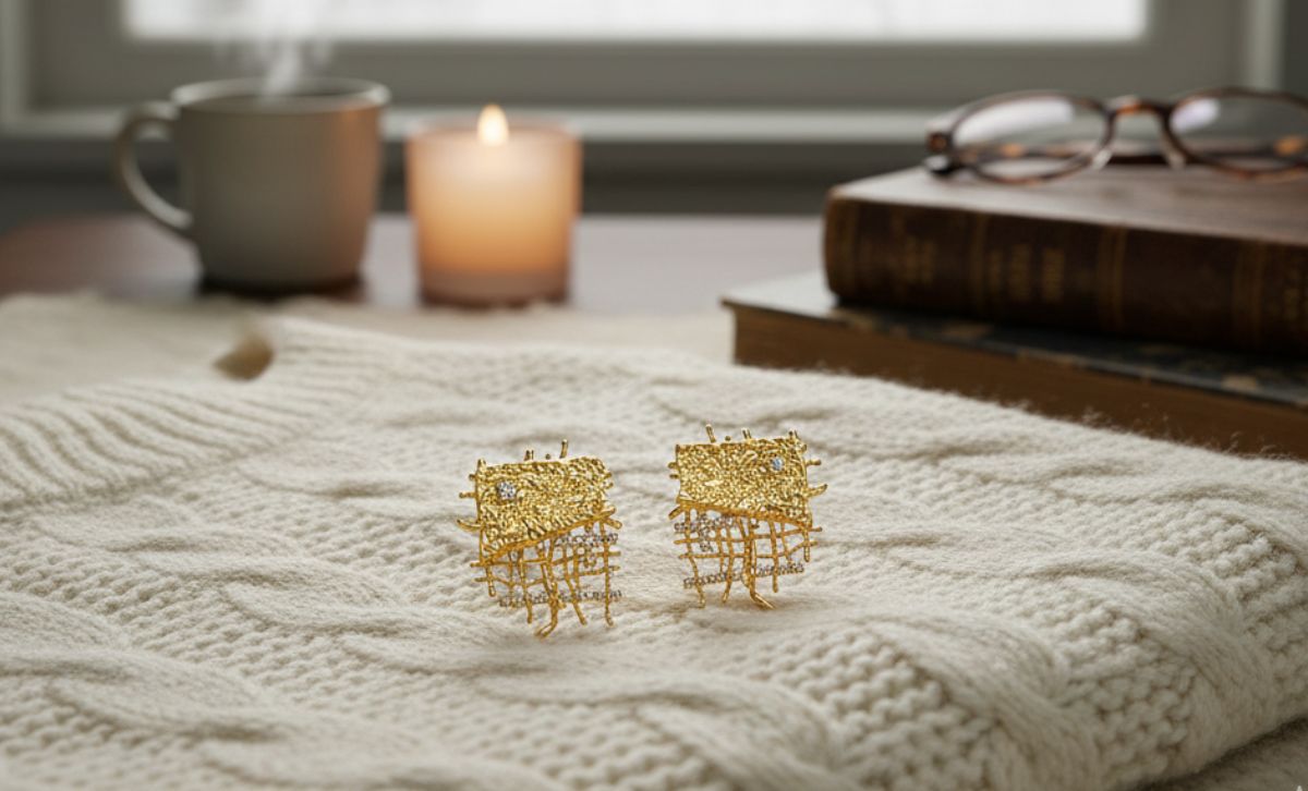 Gold plated geometric statement fashion earrings studs, designer fashion earrings for wholesale and bulk orders.