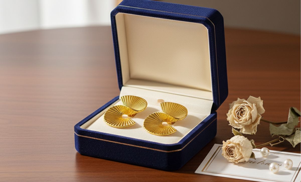 Geometric statement earrings gold plated brass jewelry in a luxury gift box, affordable wholesale jewelry for boutiques.