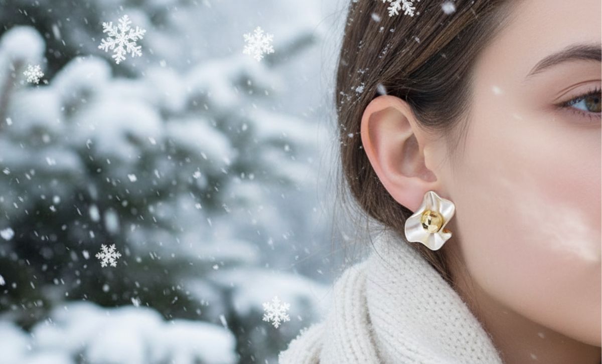 Model wearing Gold Petal Earrings Christmas earrings wholesale elegant fashion earrings studs