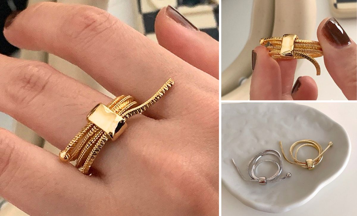Minimalist gold chain ring for women with adjustable brass design, modern minimalist jewelry for boutiques and brass jewelry wholesale.