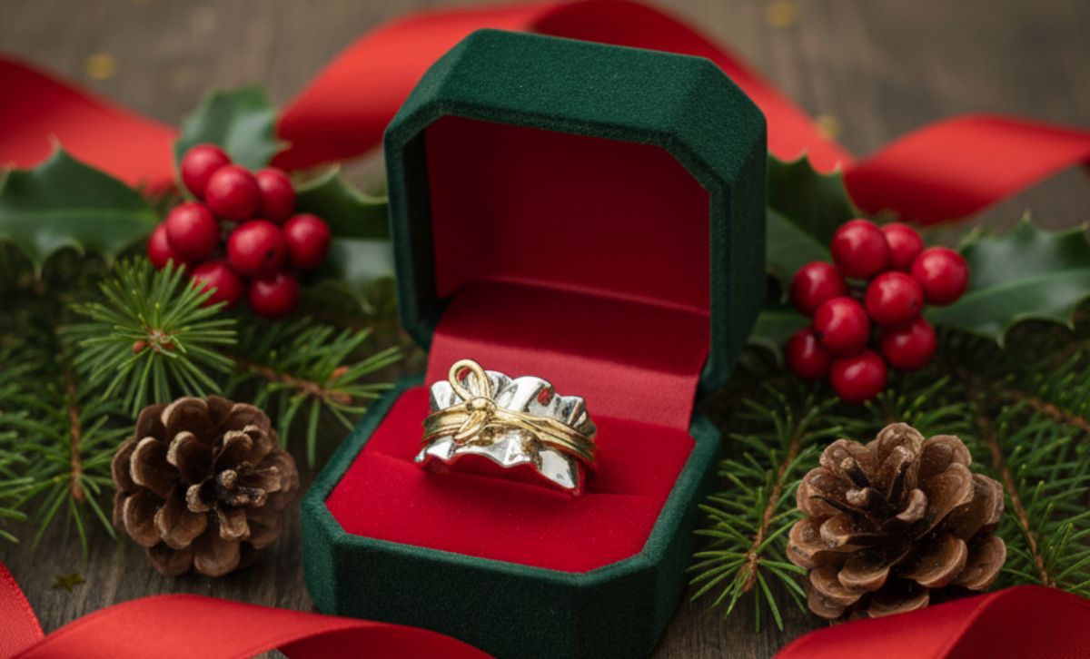 Adjustable minimalist bow tie ring crafted in brass, elegant two tone jewelry piece for boutiques and wholesale jewelry retailers.