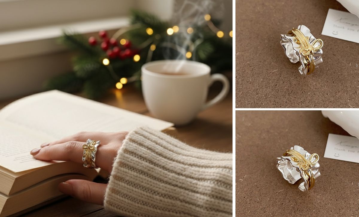 Minimalist two tone bow tie ring for women in gold and silver, perfect for holiday gift jewelry and brass jewelry wholesale collections.