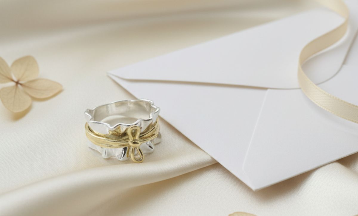 Close-up of two tone bow tie ring in gold and silver finish, stylish adjustable ring for women minimalist jewelry and brass jewelry wholesale buyers.
