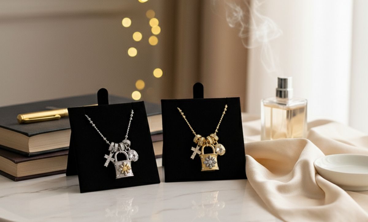 Gold padlock charm necklace with zircon and lock pendant presented in luxury holiday jewelry gift box — perfect for boutiques and fashion retailers.
