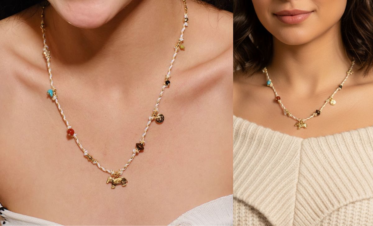 Model wearing Bohemian Horse Pendant Necklace with colorful stones and gold horse charm handmade brass jewelry