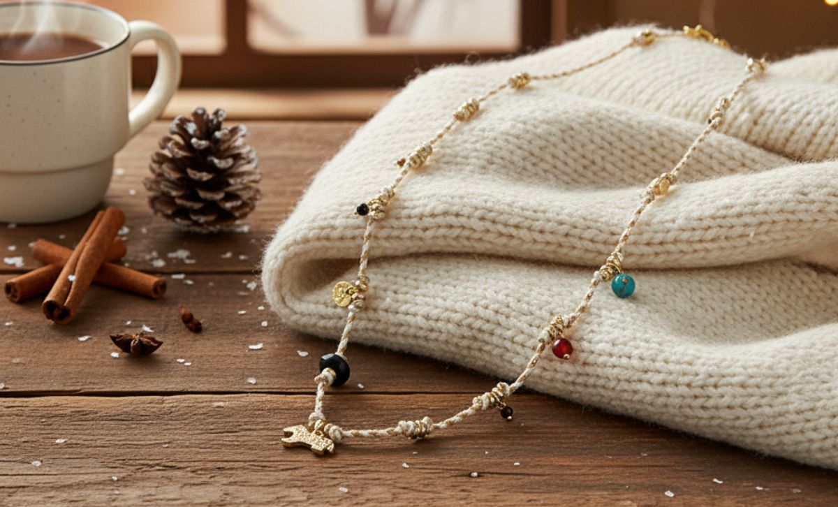 Bohemian Horse Pendant Necklace with gold brass beads and colorful stones displayed on a cozy winter gift setup