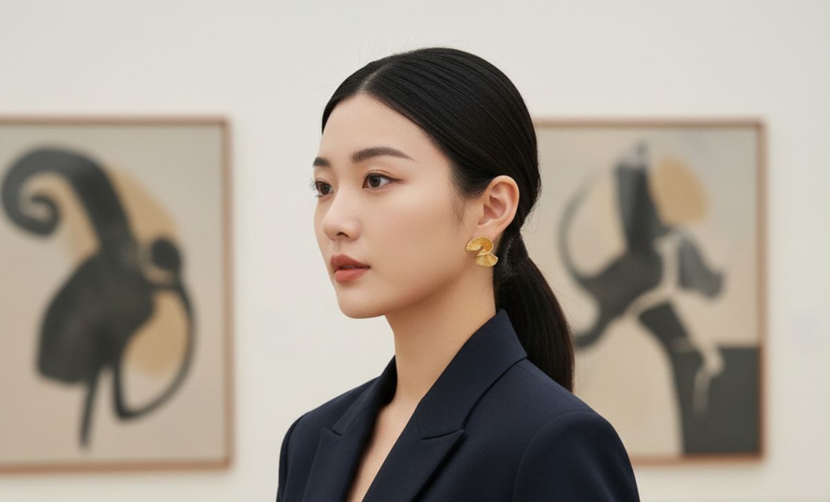 Geometric gold-plated brass earrings combining modern design and craftsmanship.