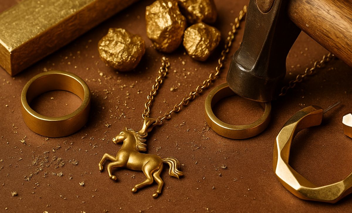 Artisan handcrafting brass jewelry — polishing raw brass pieces with care and precision.