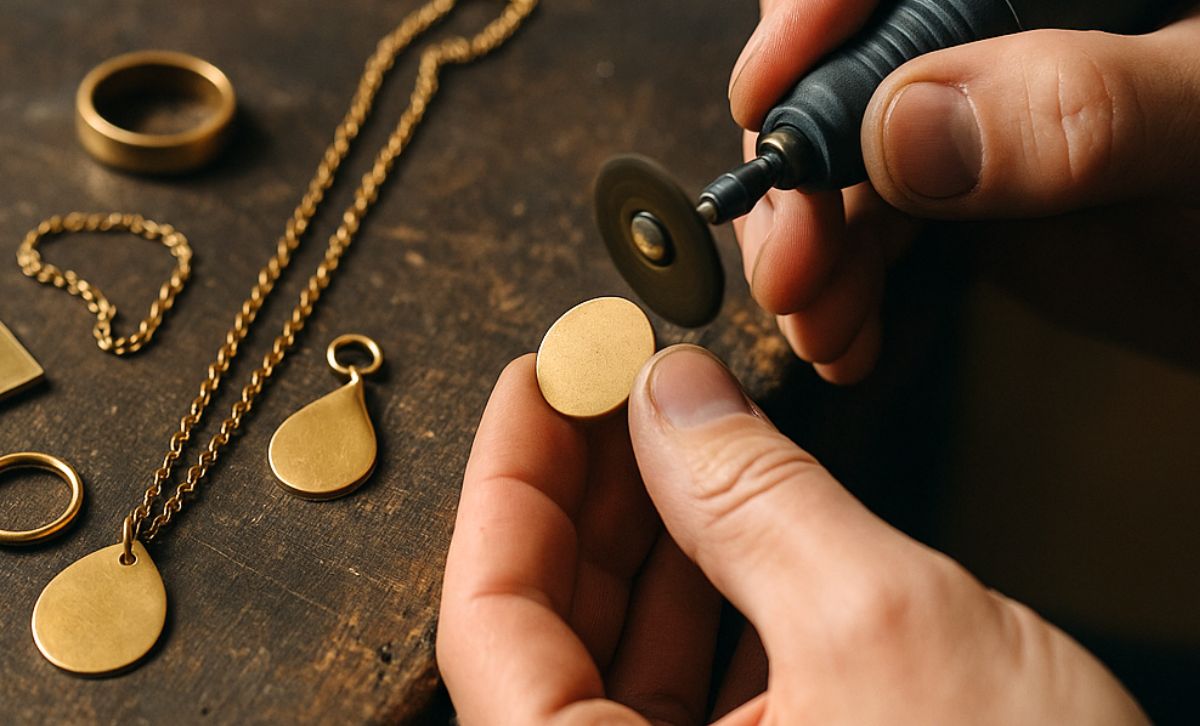 Polishing brass jewelry for long-lasting shine — part of proper care and maintenance.