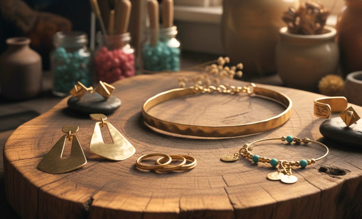 JR Fashion Accessories gold and brass jewelry display representing modern craftsmanship.