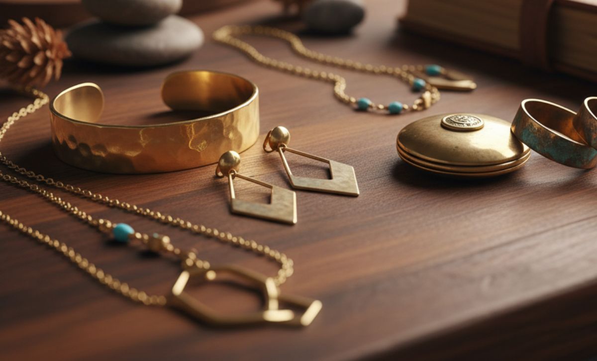 Brass jewelry collection showing the warm golden tone and shine before tarnishing