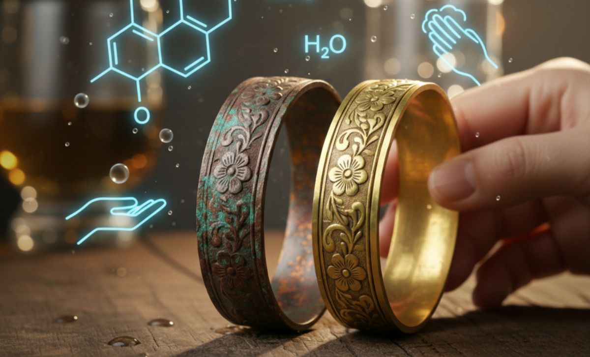 Brass bracelet showing oxidation process and tarnish caused by moisture and air exposure