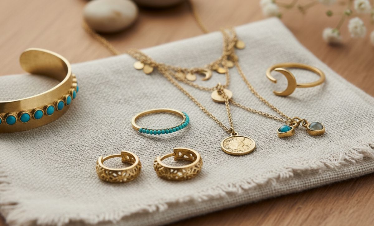 Nickel-free brass jewelry collection featuring gold bangles, turquoise rings, and coin necklaces by JR Fashion Accessories