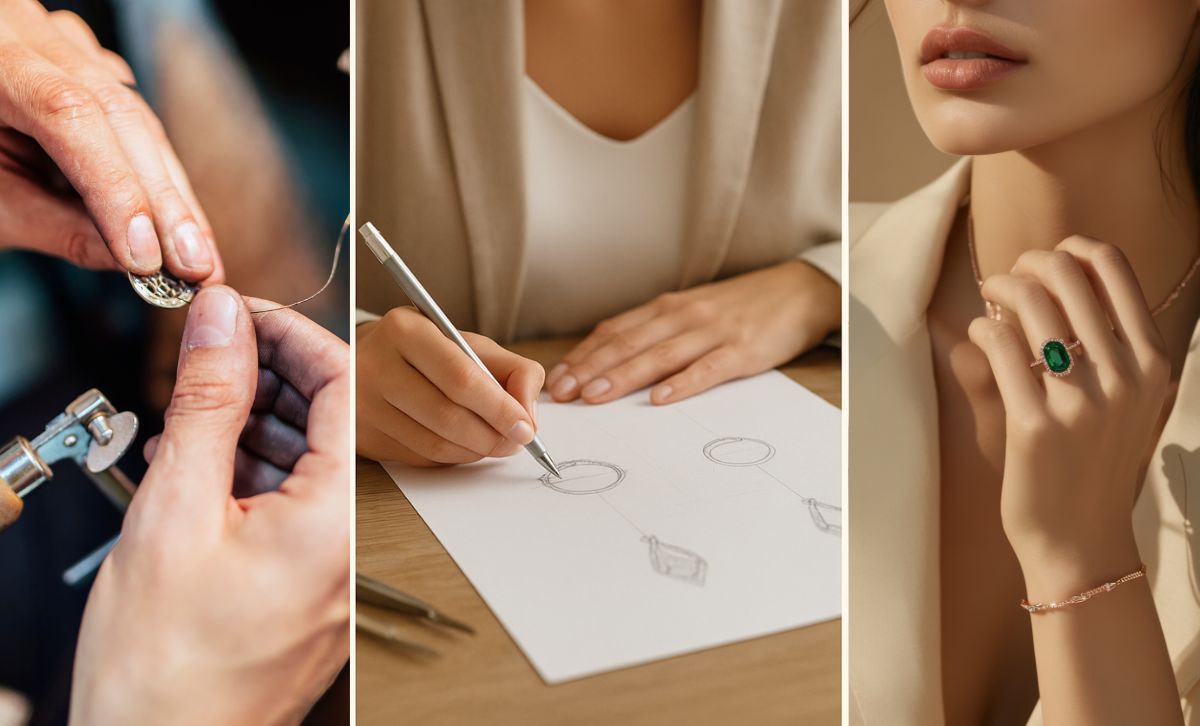 JR Fashion Accessories’ jewelry design and crafting process showing handmade detailing, sketching, and finished pieces