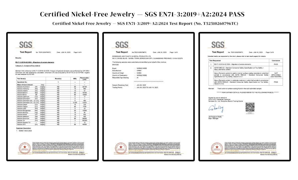 SGS EN71-3:2019+A2:2024 nickel-free jewelry certification report showing JR Fashion Accessories’ compliance with EU safety standards