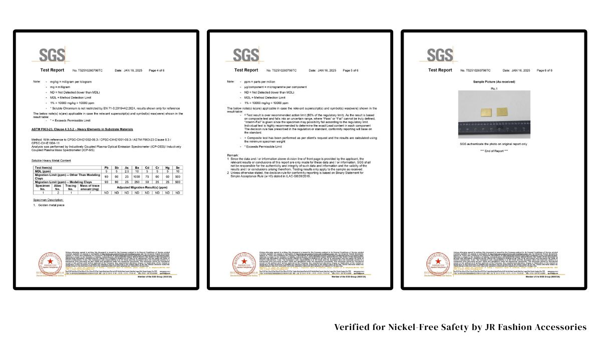 Verified nickel-free brass jewelry SGS test report confirming no nickel, lead, or cadmium detected in JR Fashion Accessories products