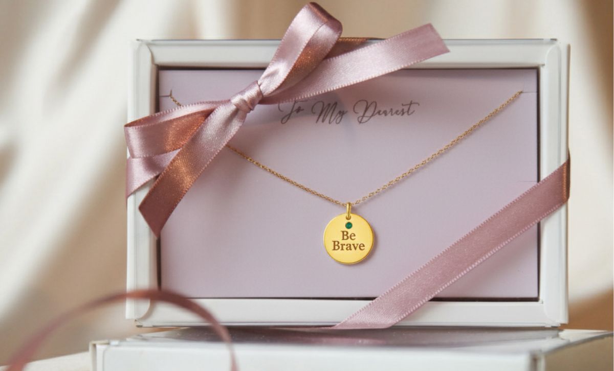 Gold plated brass necklace with Be Brave pendant in elegant gift box packaging, dainty non tarnish jewelry for women