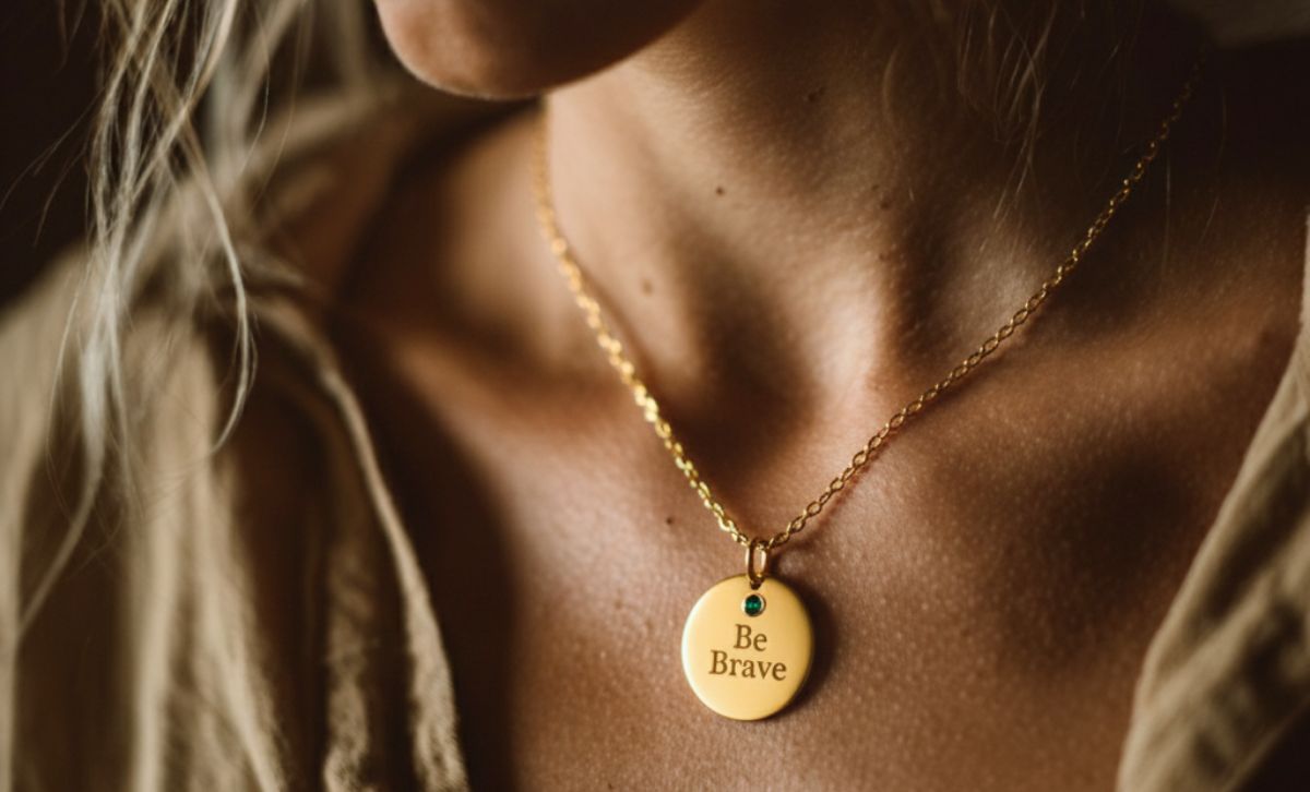 Model wearing gold plated brass necklace with Be Brave pendant, minimalist inspirational jewelry for everyday wear