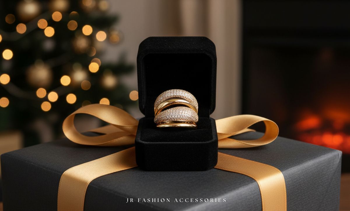 Gold plated brass ring in black jewelry box with golden ribbon – JR Fashion Accessories