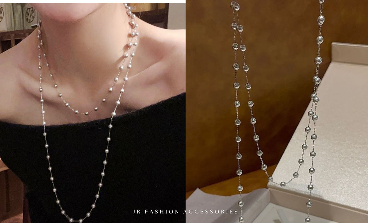 Elegant imitation pearl necklace made of brass, double strand faux pearl jewelry for women by JR Fashion Accessories, perfect for fashion jewelry wholesale and Christmas gift collections.