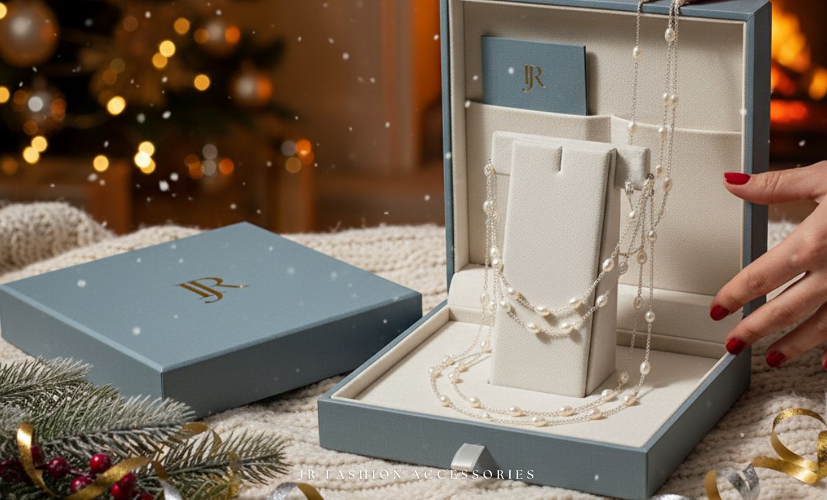 Imitation pearl necklace displayed in JR Fashion Accessories blue jewelry gift box, brass jewelry wholesale collection for Christmas and holiday gifting.