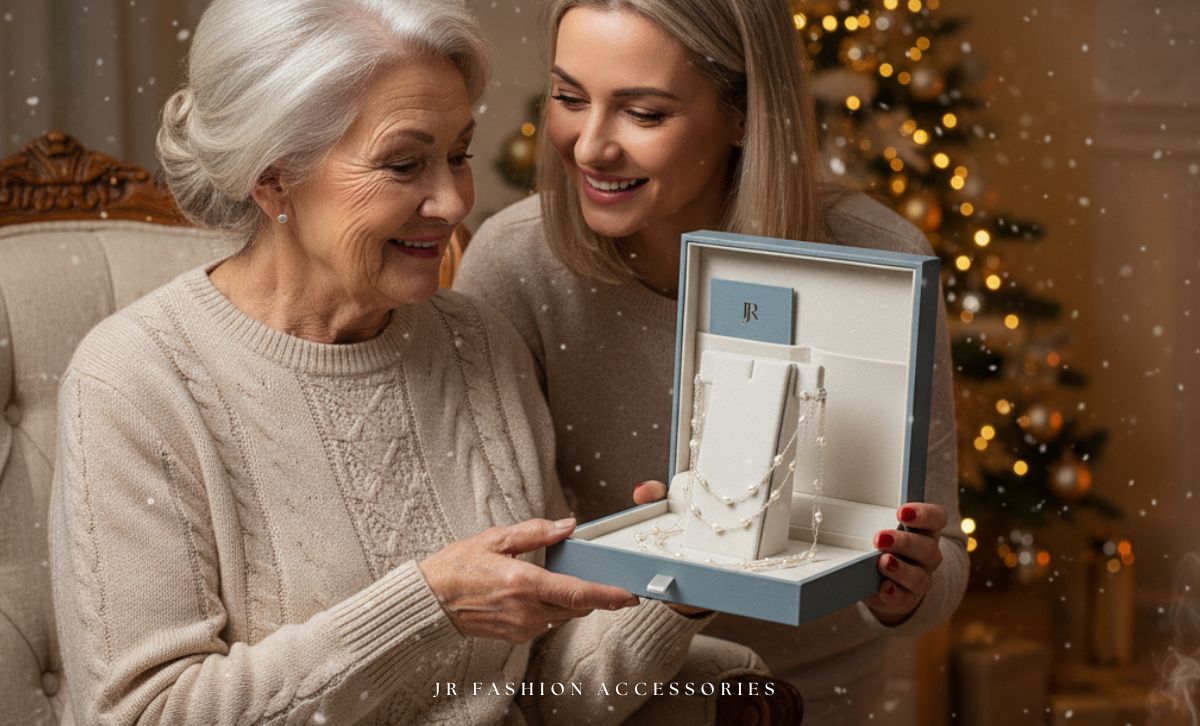 Mother and daughter sharing imitation pearl necklace Christmas gift by JR Fashion Accessories, elegant brass jewelry wholesale and fashion jewelry gift for her.