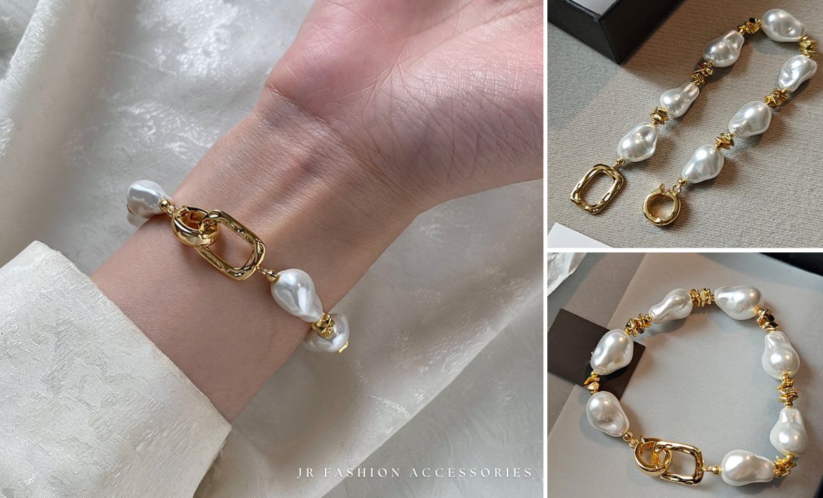Close-up of baroque pearl bracelet with irregular pearls and gold plated brass details for fashion jewelry wholesale