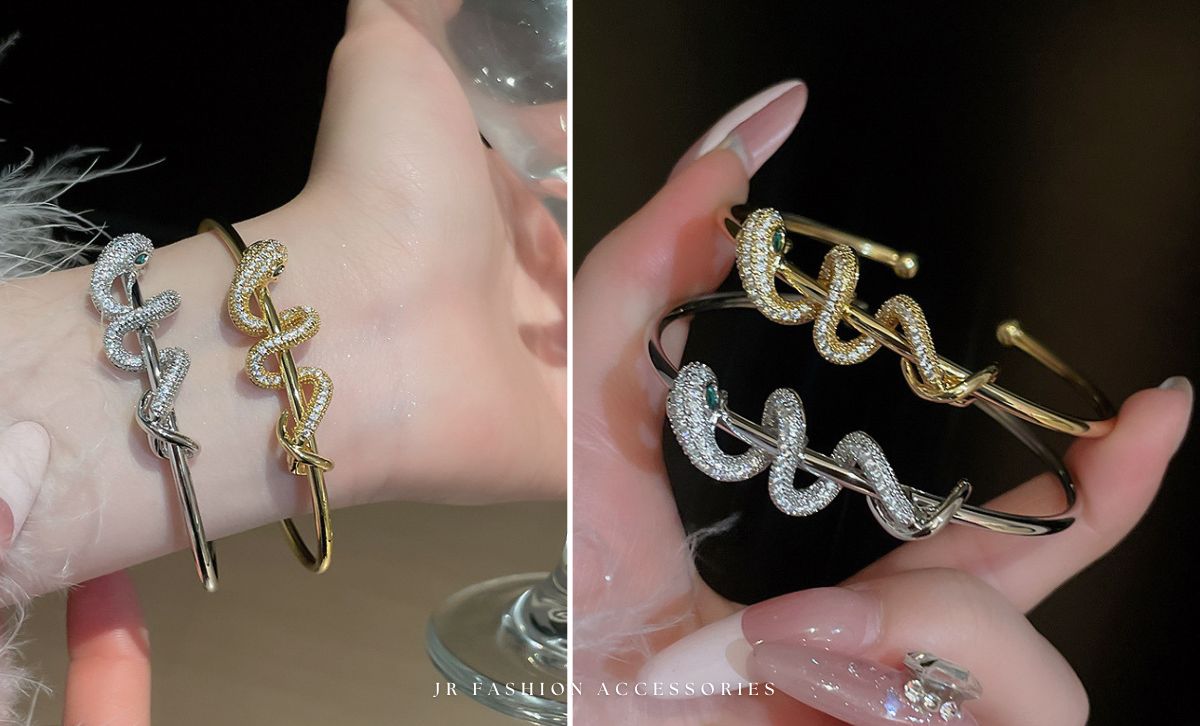 Gold and silver snake wrap bracelets with CZ crystals, stylish fashion jewelry for women and brass jewelry wholesale buyers.