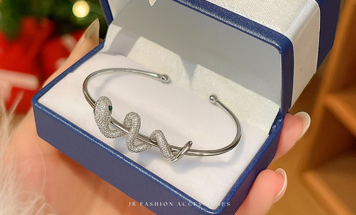 Gold Snake Wrap Bracelet CZ Crystal design in silver tone, elegant brass jewelry wholesale gift for women by JR Fashion Accessories.