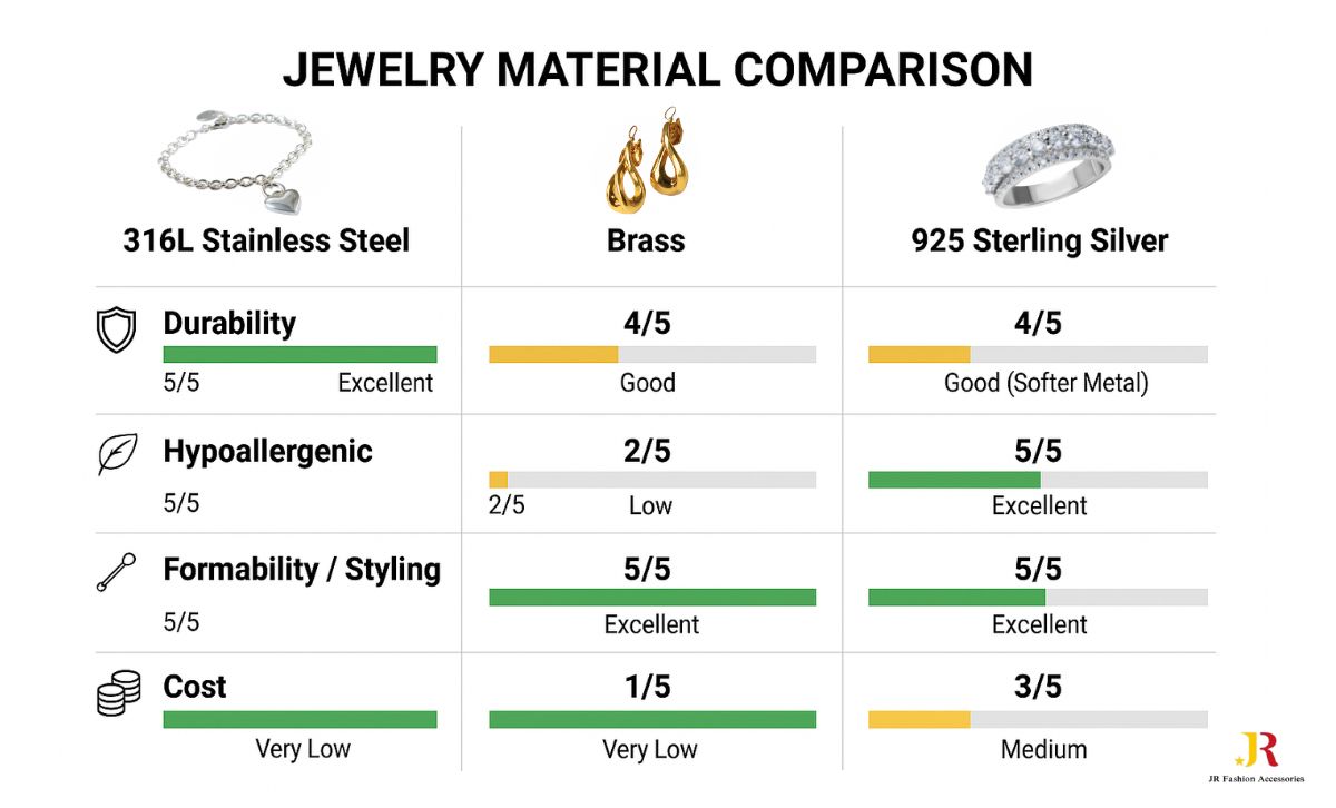 Comparison chart of 316L stainless steel, brass, and 925 sterling silver showing differences in durability, hypoallergenic rating, styling, and cost.