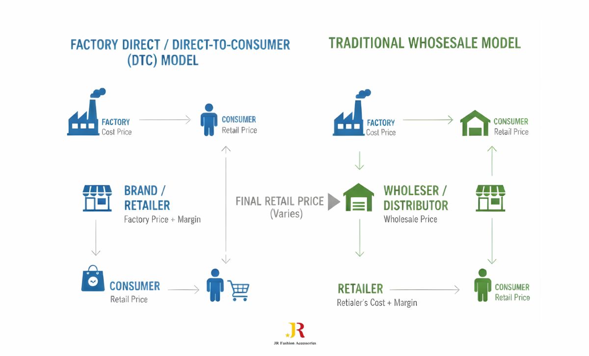 Factory price jewelry vs wholesale model supply chain comparison showing factory-to-buyer and factory-to-wholesaler-to-retailer workflows.