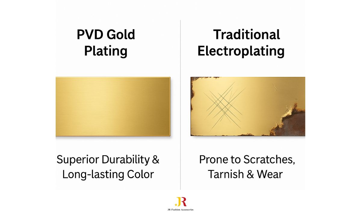 PVD gold plating versus traditional electroplating comparison showing durability, scratch resistance, and long-term wear differences.