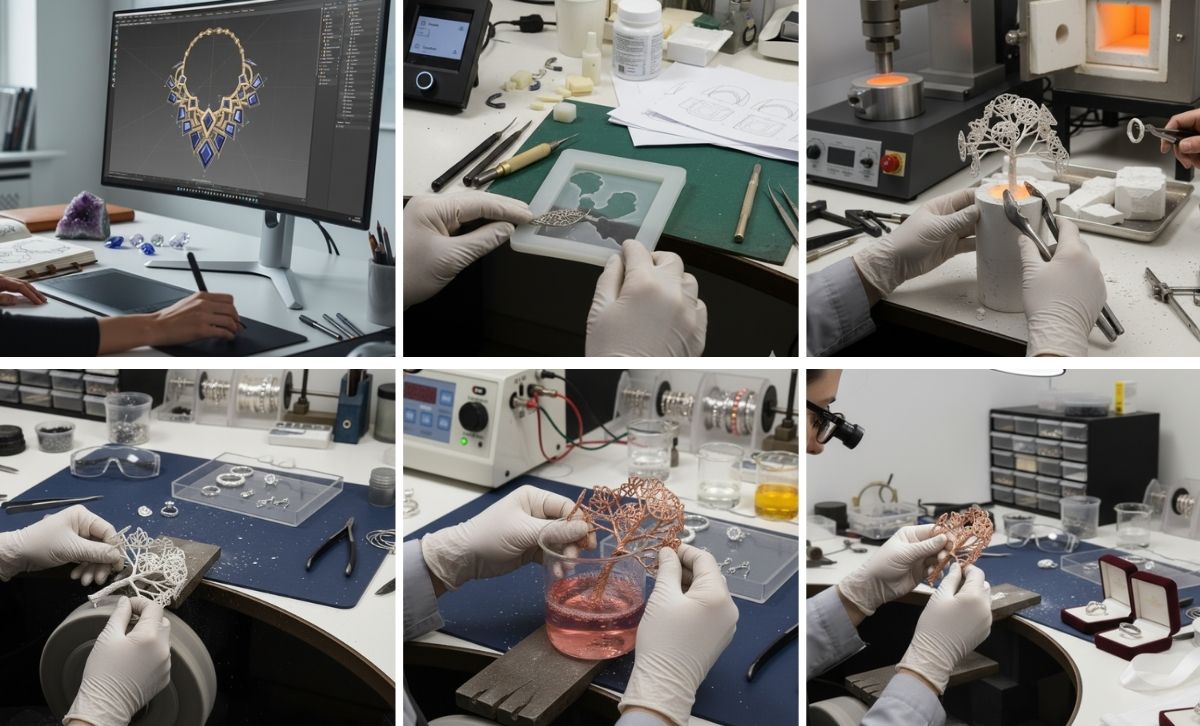 Jewelry manufacturing process overview showing CAD design, wax mold making, casting, polishing, plating, and final quality control in a professional jewelry factory.