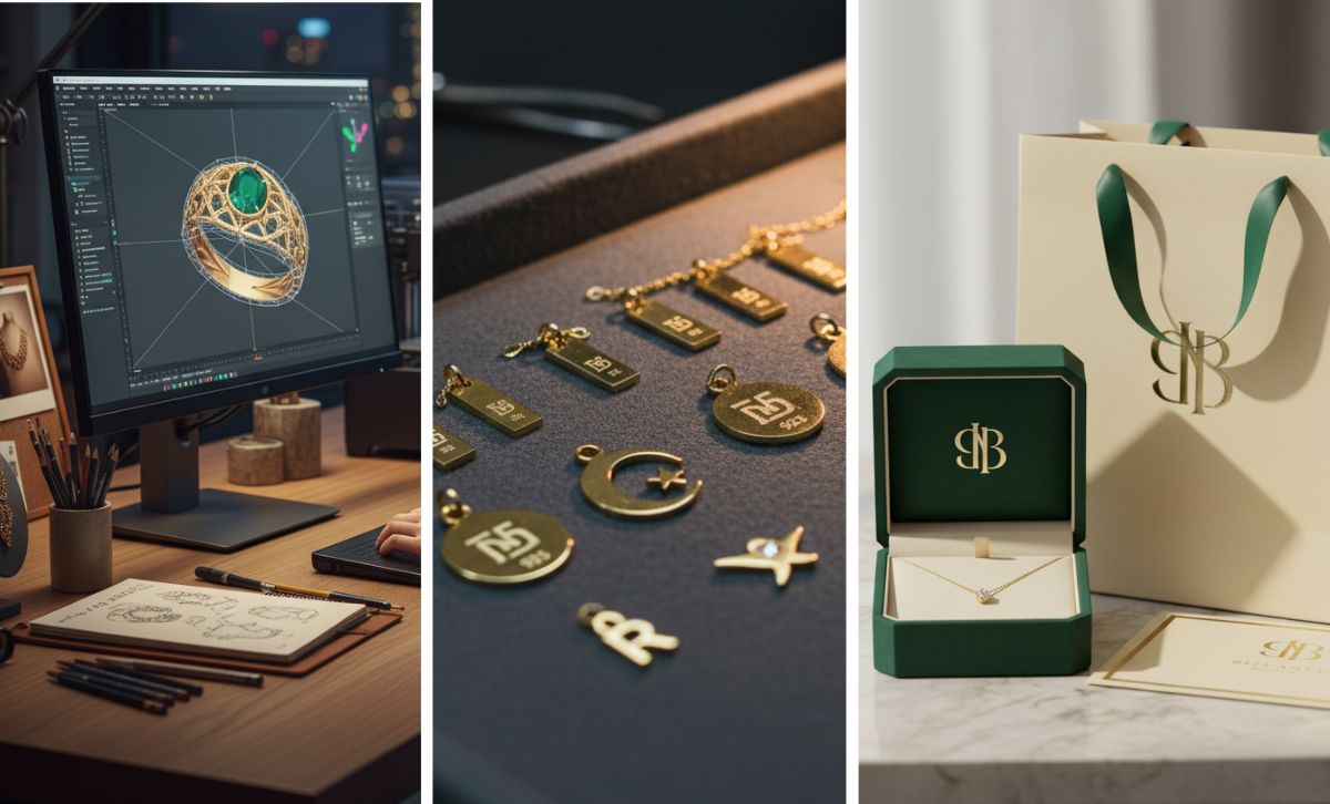 custom jewelry design and private label jewelry branding – CAD design, logo tags, custom packaging