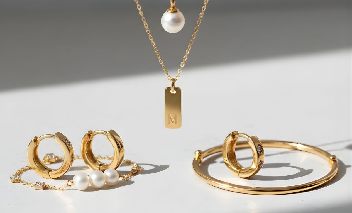 gold plated jewelry collection for branding – earrings, necklace, bracelet and pearl accents