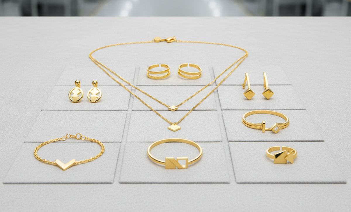 cohesive jewelry collection for brand identity – matching earrings, rings, bracelets and necklaces