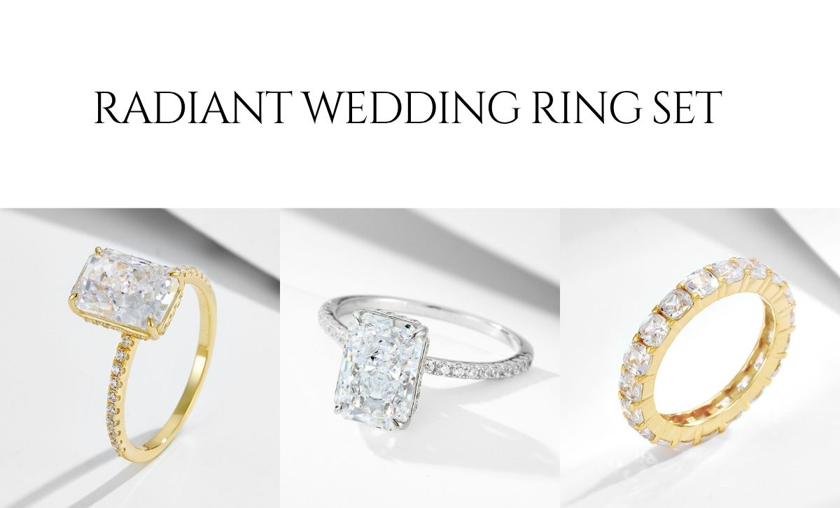 radiant rectangle wedding ring set display