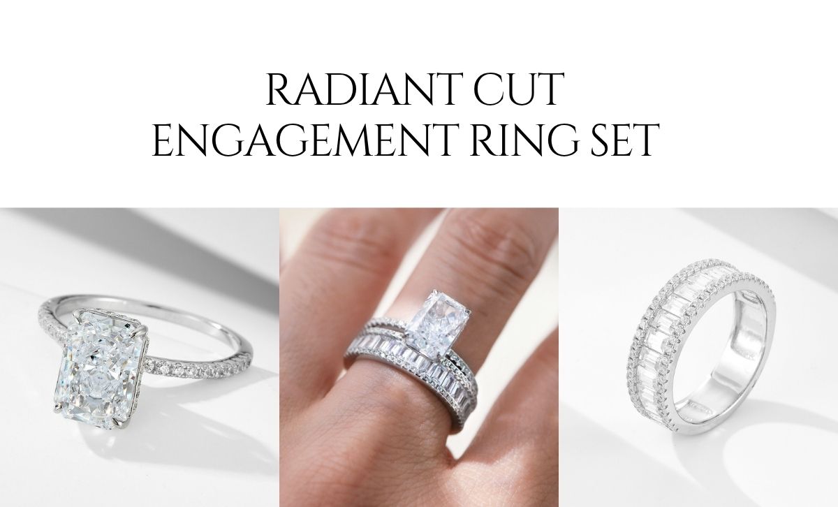 radiant cut engagement ring set on hand