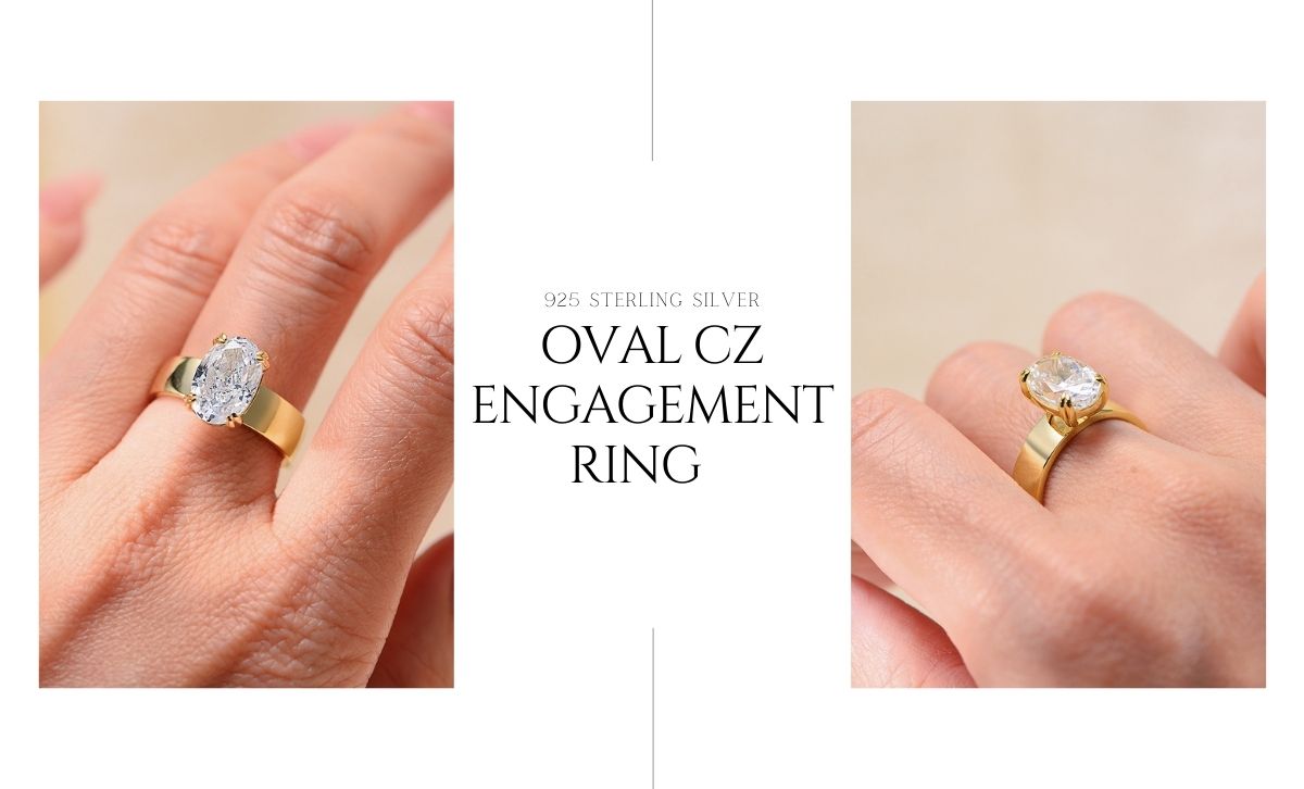 oval cz engagement ring 925 silver gold band