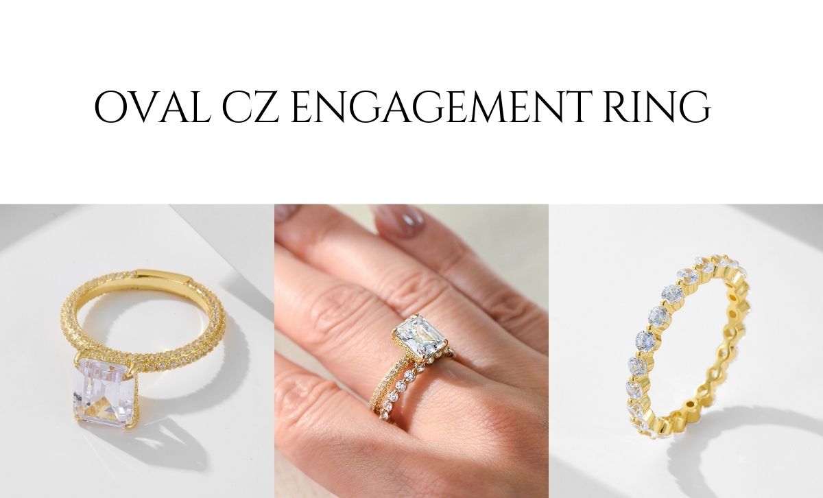 2 piece engagement ring set with emerald cut cz rings in gold setting