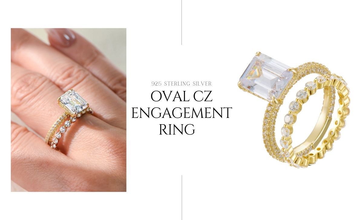 emerald cut engagement ring set with eternity band and gold cz ring