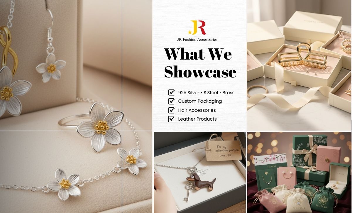 JR jewelry showcase – 925 silver, stainless steel, brass, custom packaging, hair accessories and leather products