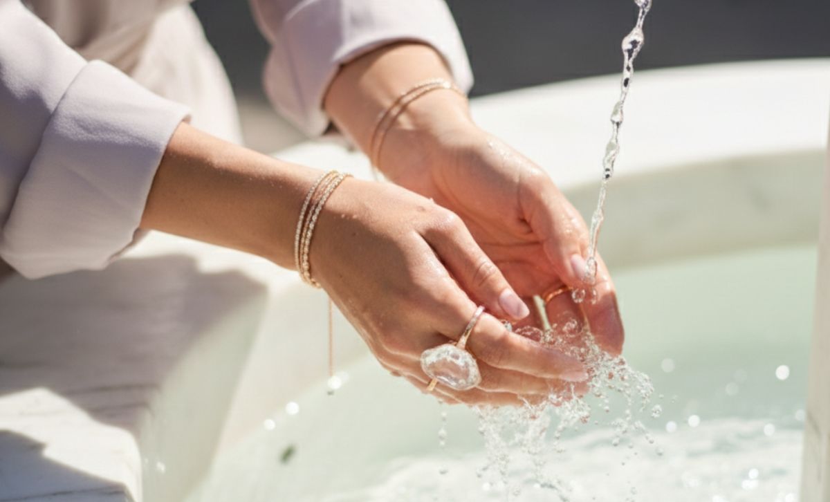 waterproof stainless steel jewelry shown during hand washing without tarnish or skin discoloration