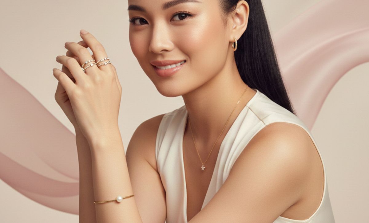 model wearing 18k gold plated jewelry for everyday fashion use