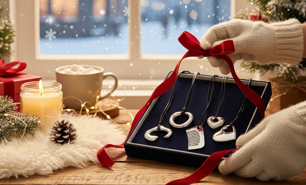 Black cord necklaces with comb pendant and heart pendant displayed in Christmas gift box set